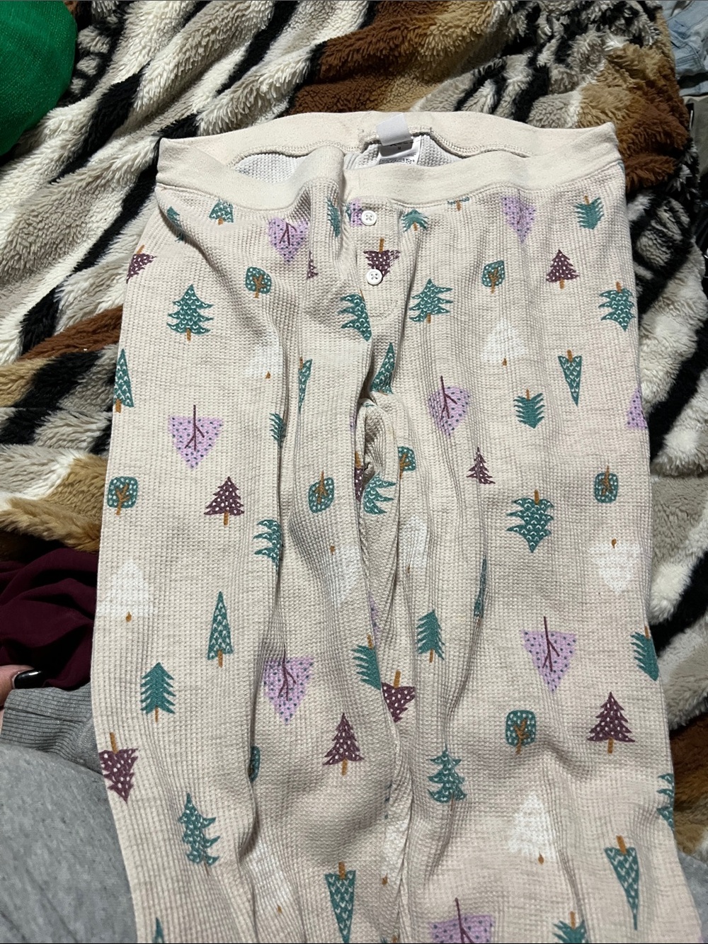 Old Navy Cream Thermal Track Pants with Green & Purple Tree Print